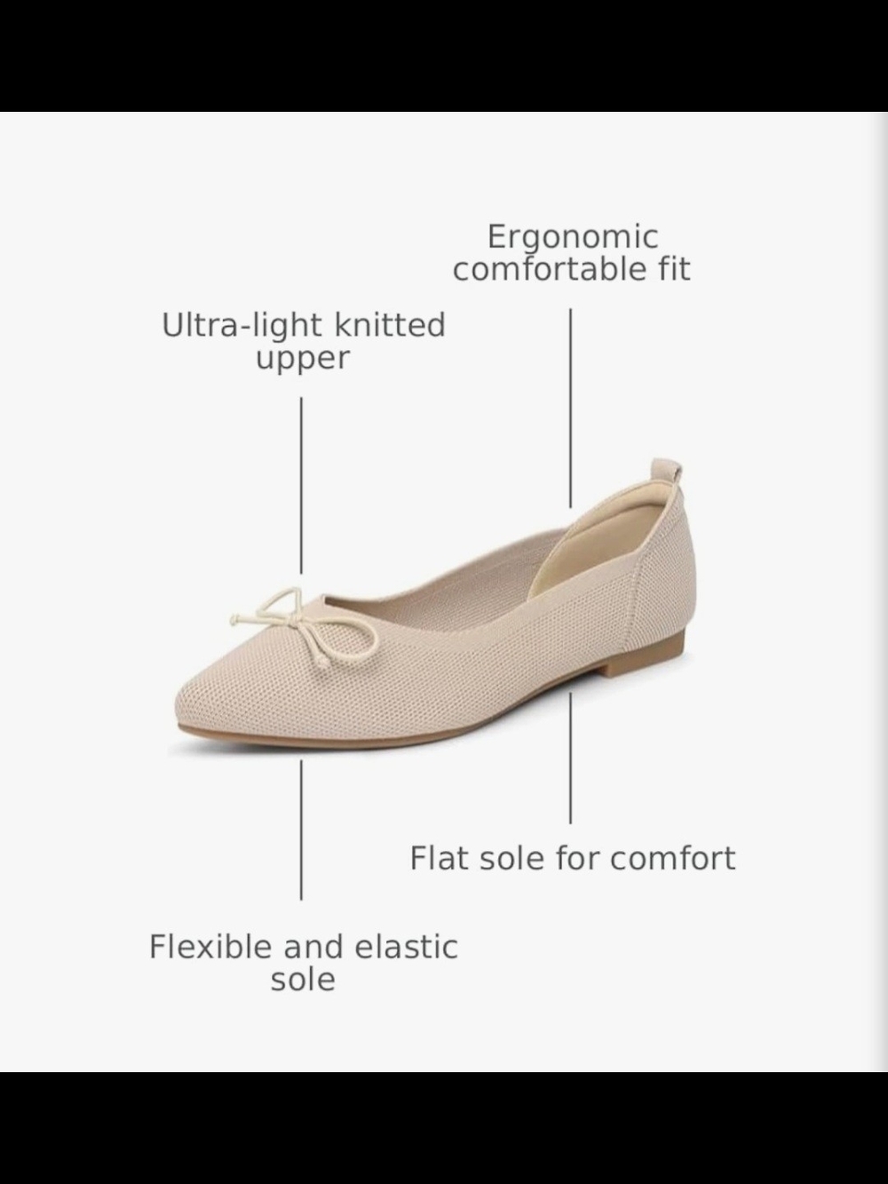 Ankis Pointed Knit Ballet Flats with Bow in Beige - Picture 3 of 5